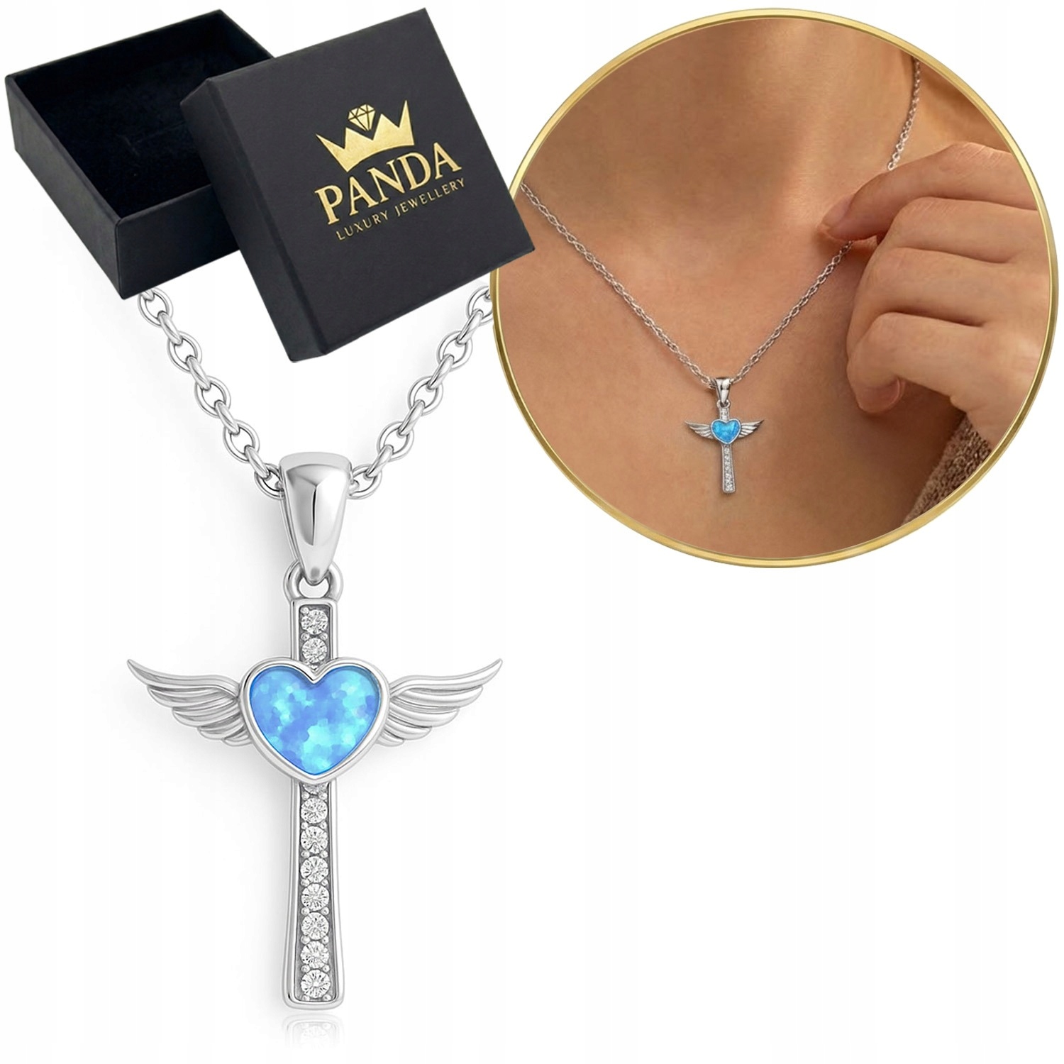 Stříbrný náhrdelník Křížek Srdce Opál Křídla Anděla 925 Dárek Pro Ni