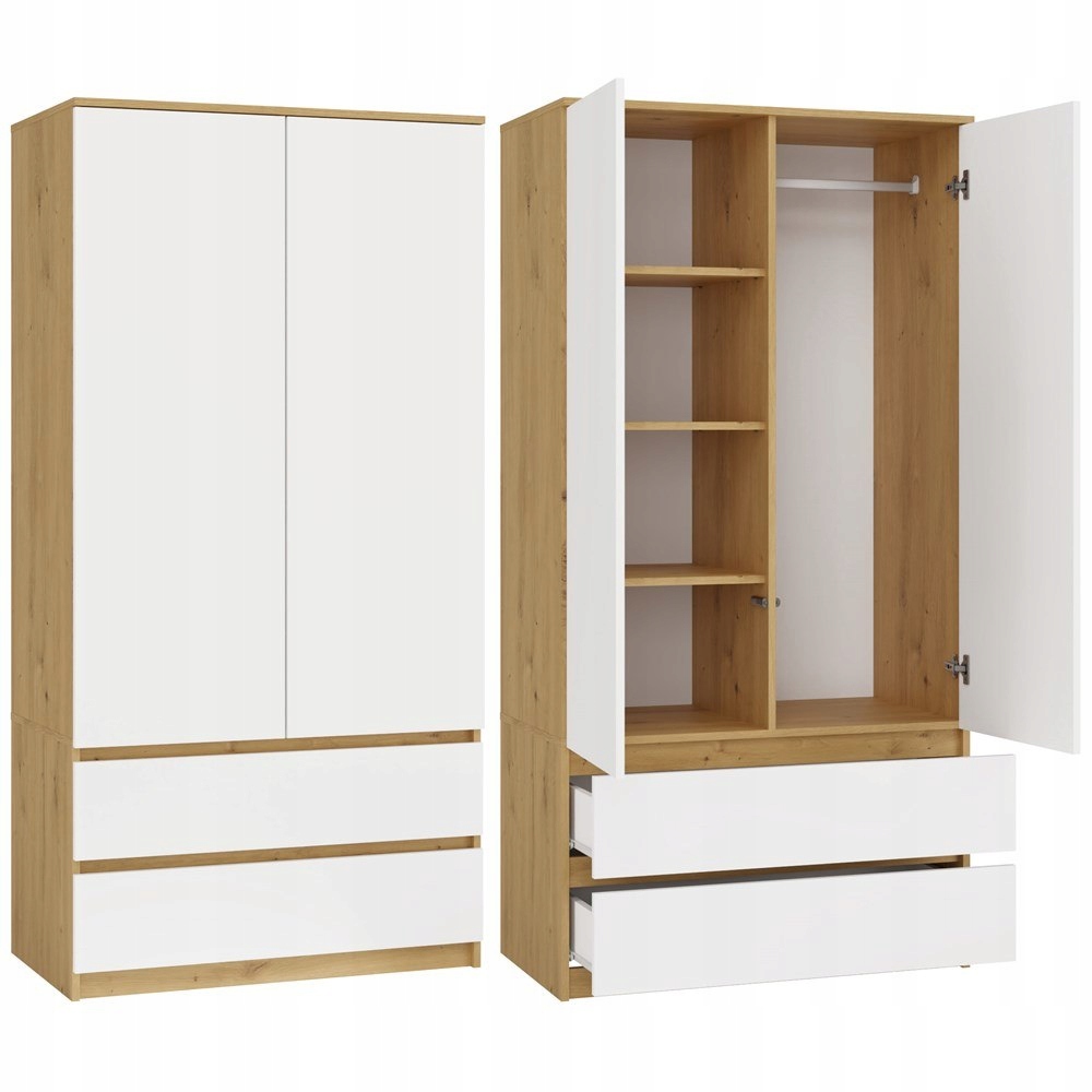 Szafa Garderoba Biała Dąb Artisan 90 cm Na Ubrania Do Pokoju z Półkami