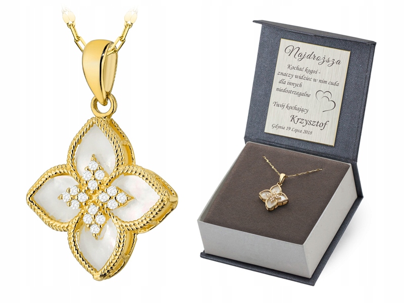 Zlatý Náhrdelník 42cm pr 585 Přívěsek Bílá hmota Květina Zirkony 14k