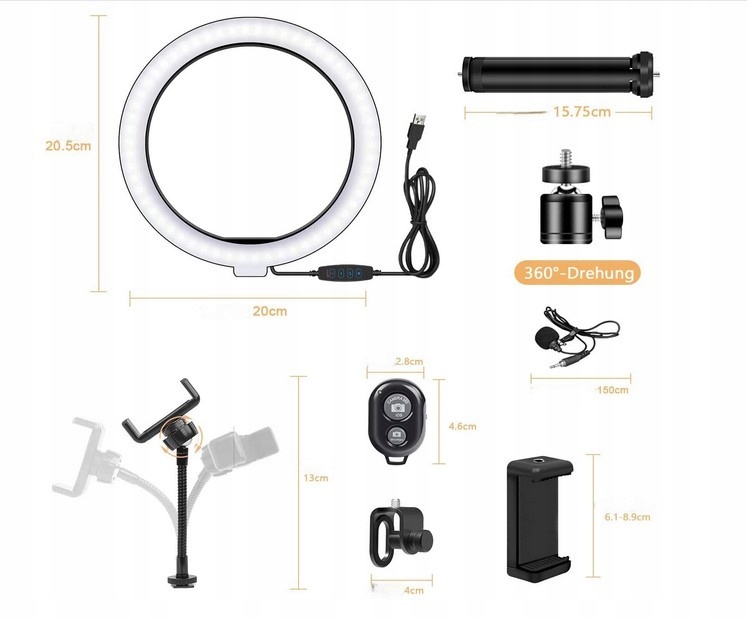 LAMPA PIERŚCIENIOWA Ring Led STATYW NA TELEFON UCHWYT + SELFIE STICK TikTok Źródło światła LED