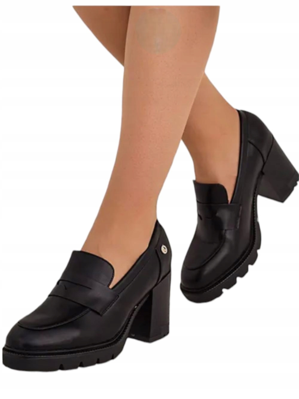 Damskie Półbuty Skórzane Mokasyny na Klocku Czarne r. 39