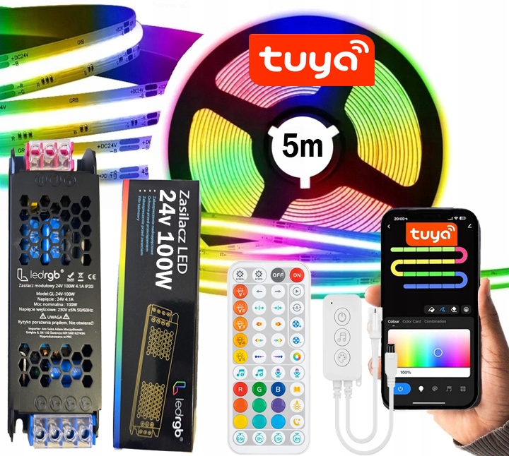 Led Páska 5 m Cob Neon Rgbic Wifi Tuya Aplikace Dálkový Ovladač Sada Napájecího Adaptéru 24V