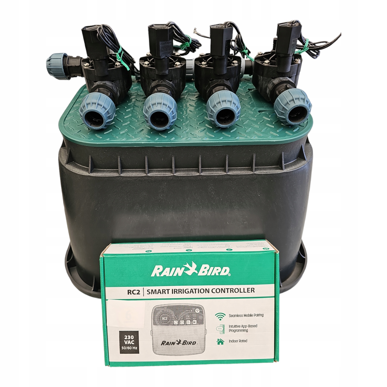 Zestaw Rain Bird Hv 4 sekcje Kolektor Sterownik RC2 z WiFi Studzienka Pe 25