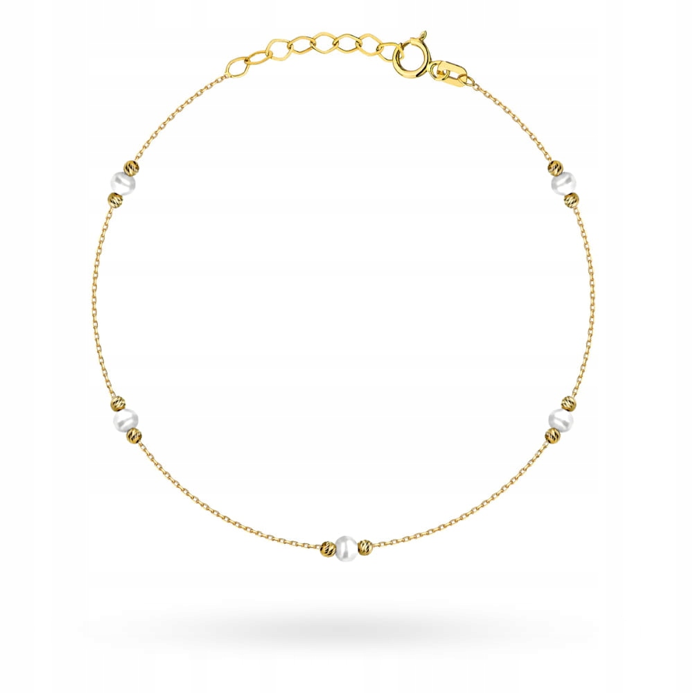 Zlatý náramek 585 s perlami a diamantovými kuličkami jako dárek 14k