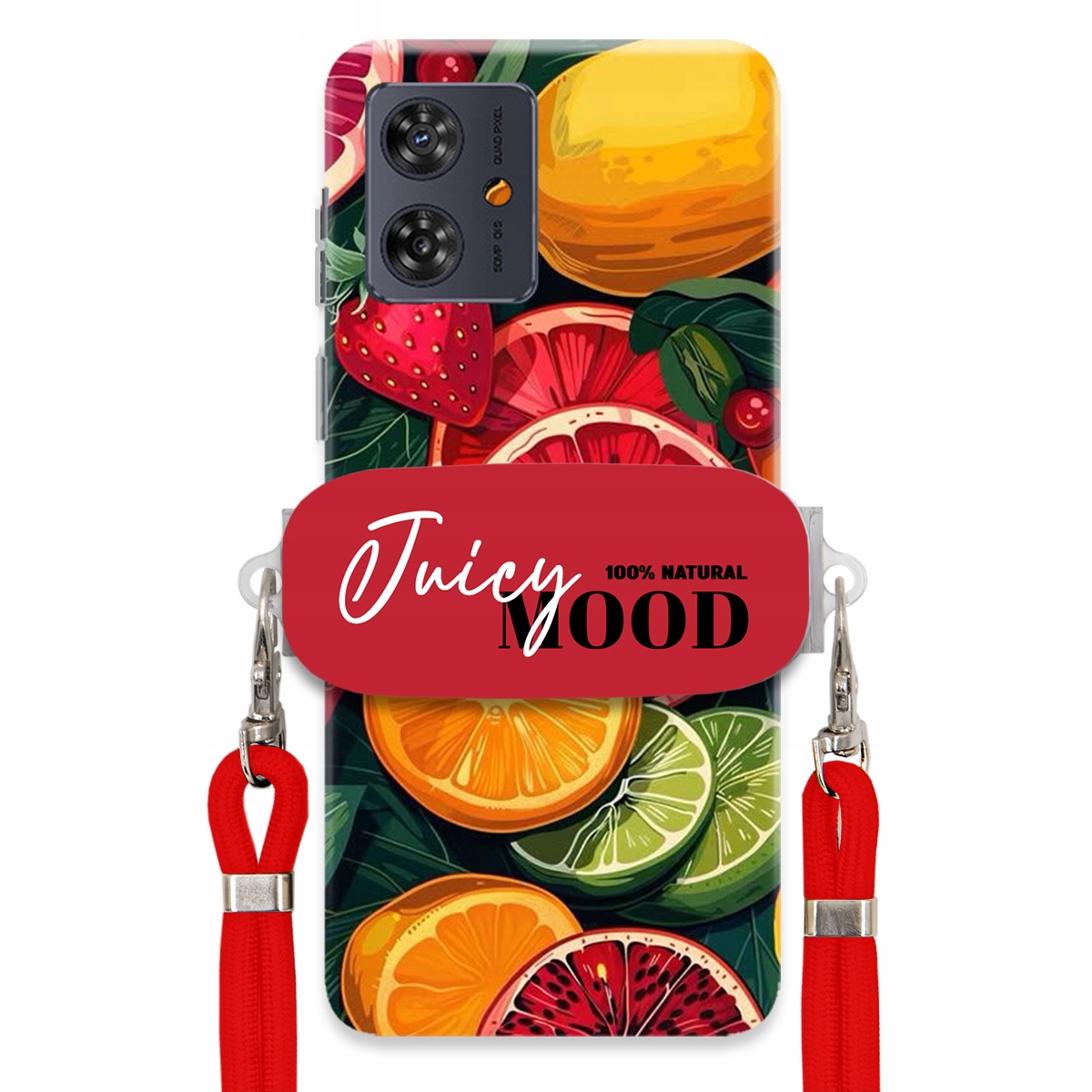 Puzdro pre Motorola G54 5G Červené Crossbody vodítko držiak Juice Mood Ovocie