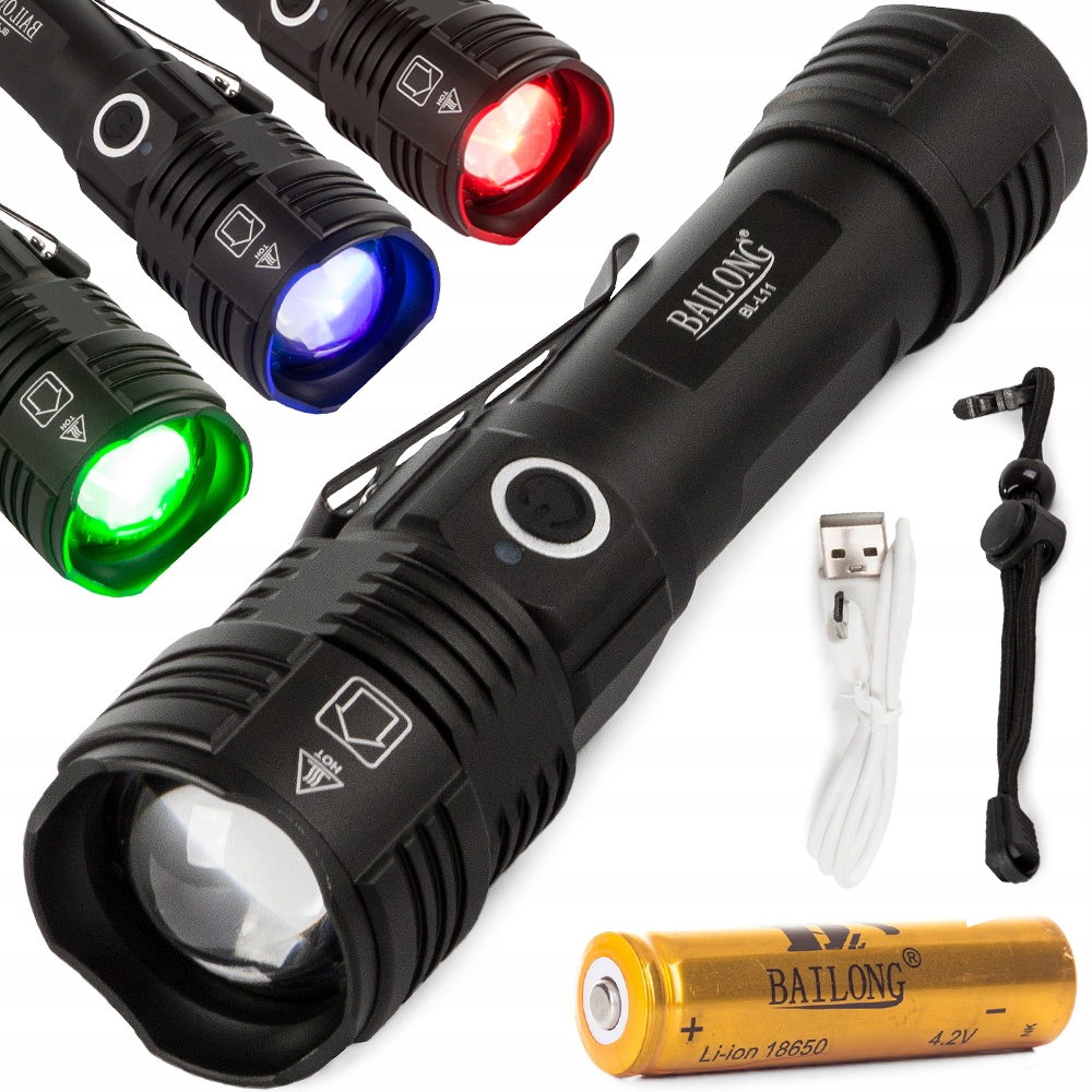 LATARKA WOJSKOWA TAKTYCZNA BAILONG 4 DIODY LED UV ZOOM MOCNA IPX5 USB