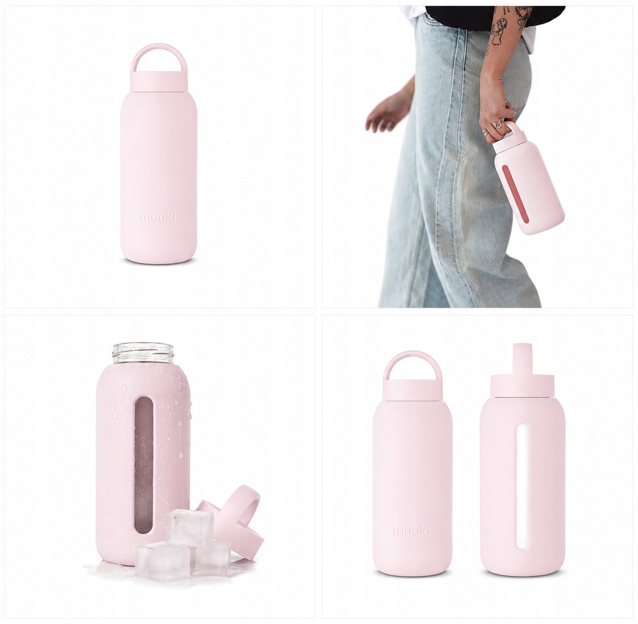 Motivační skleněná láhev na vodu 720 ml s indikátorem růžová Muuki