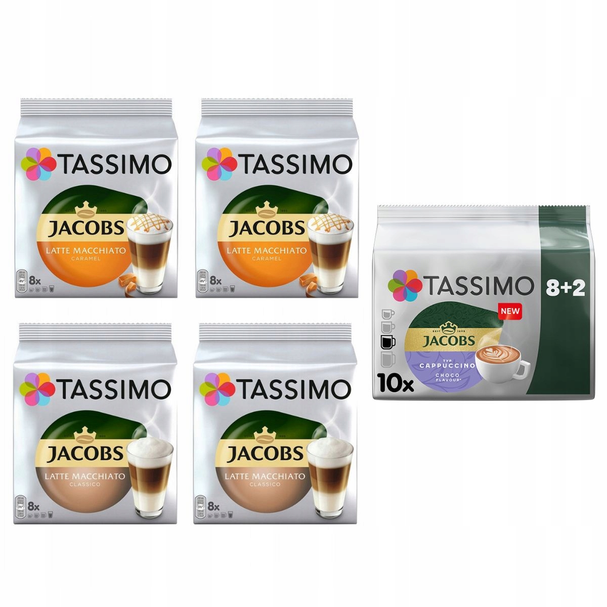 Kapsułki Tassimo Latte Macchiato Classico, Caramel, Cappucino Choco 5 op.
