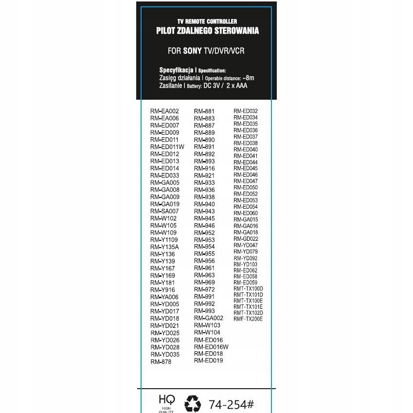 Pilot TV Sony UNIWERSALNY LCD NETFLIX RMT-TX100U D EAN (GTIN) 5900804113515