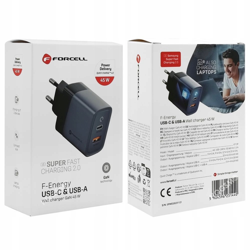 Szybka Ładowarka Sieciowa USB USB-C SFC 2.0 PD 45W do Galaxy S23 S24 Ultra Liczba urządzeń ładowanych jednocześnie 1