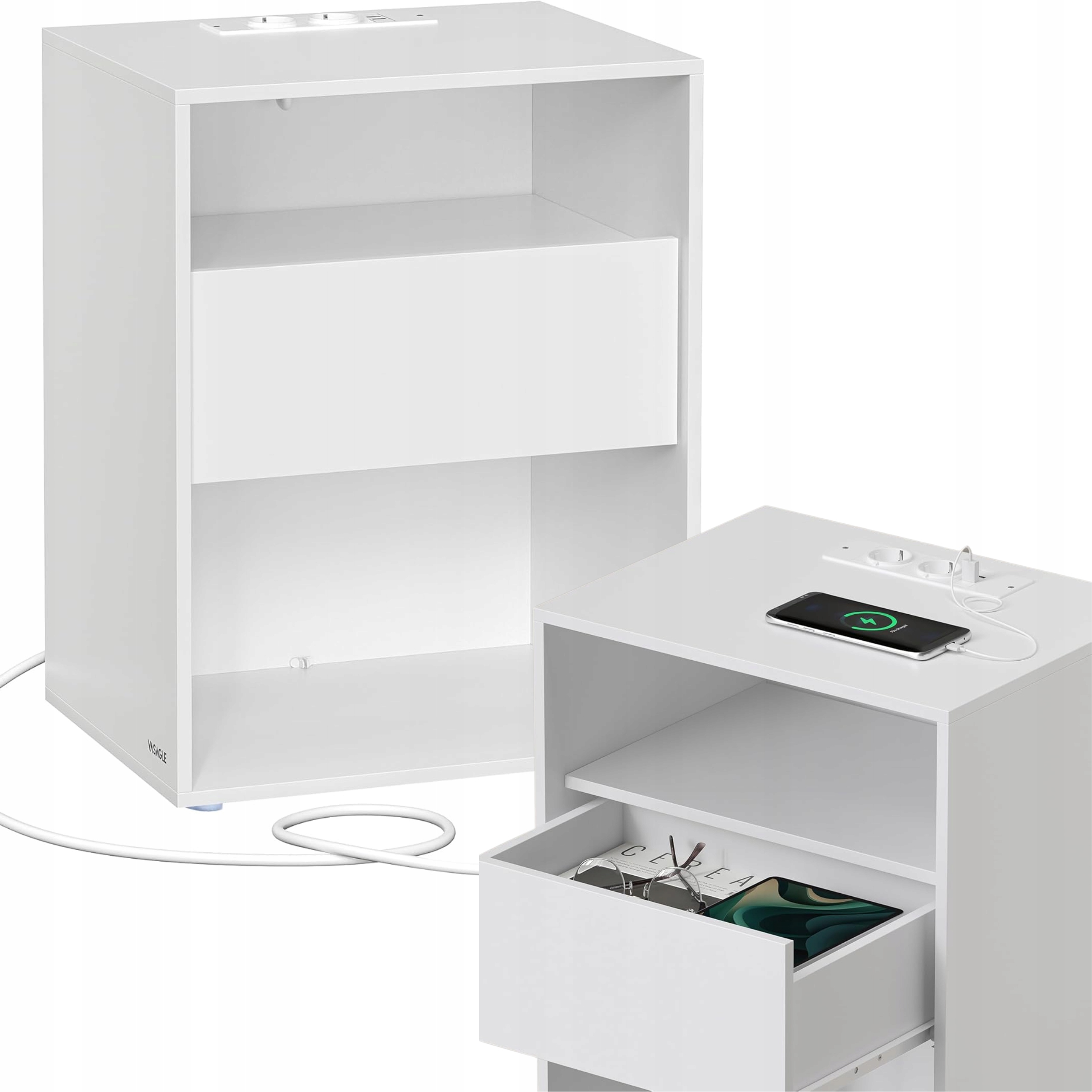 Nočný stolík Usb nabíjačka 2x Zásuvka Skriňa Nočná polica Zásuvka Biela