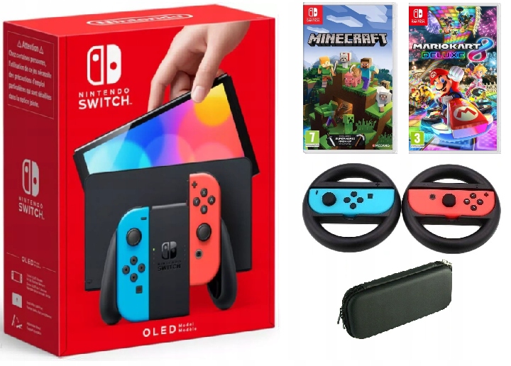 ZESTAW NINTENDO SWITCH OLED NEON + AKCESORIA + MINERAFT + MARIO KART 8