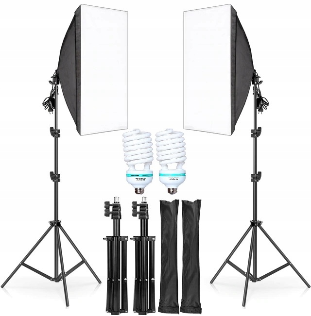 2 Fotografické lampy Softbox Nastavitelný stativ Žárovky 135W 50x70 taška