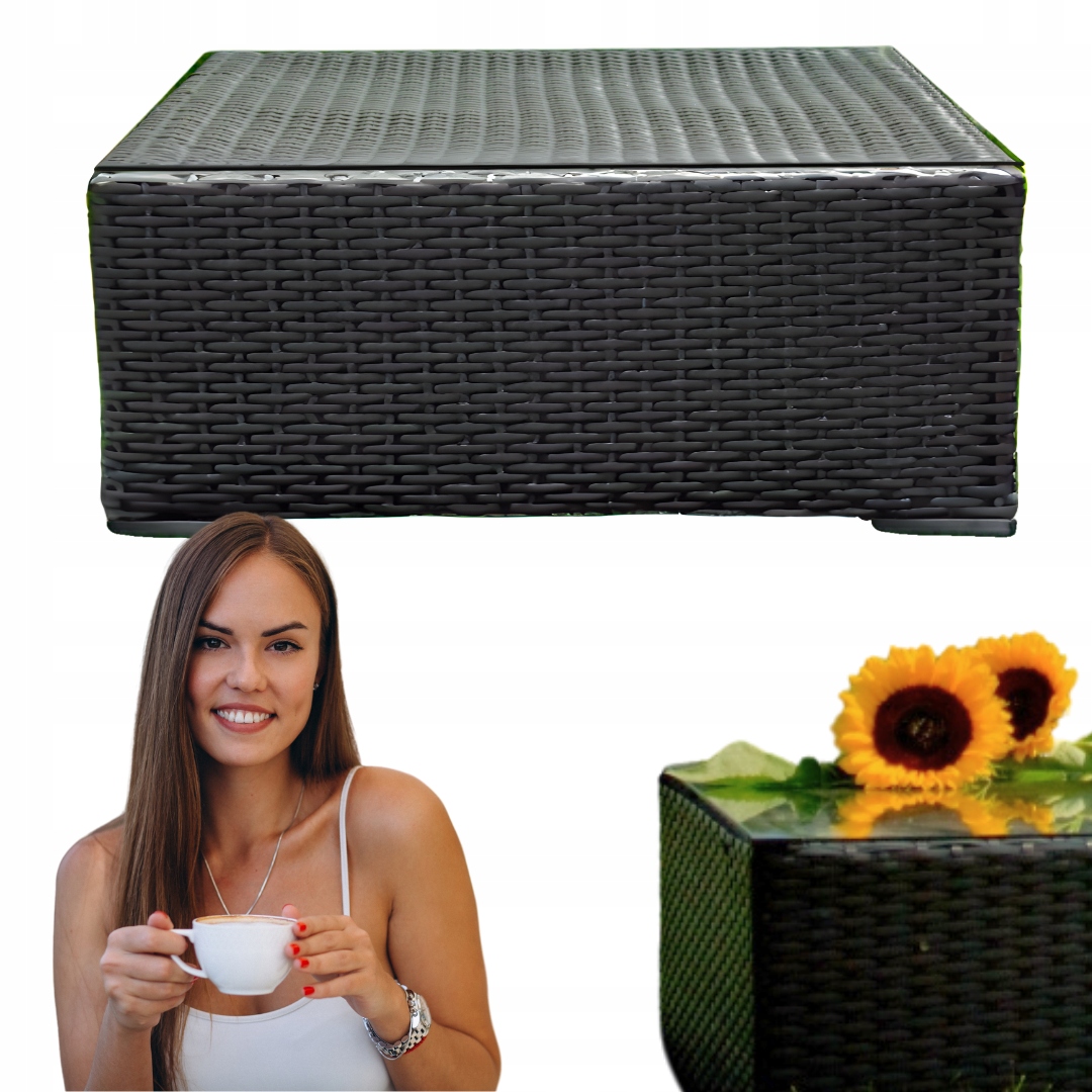 Technorattanový záhradný stolík na terasu Balkon Patio 70x70x30 cm Sklenená doska