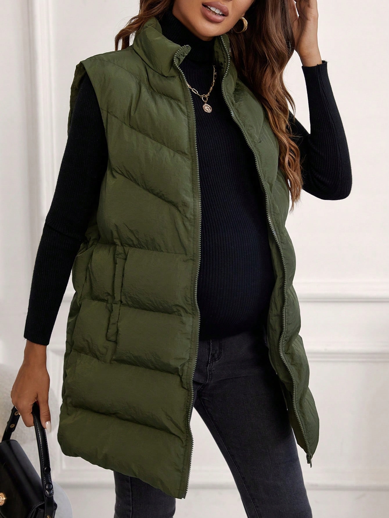 Těhotenská Péřová Vesta Prošívaná Se Stojáčkem Zelená Casual Shein XXL 44