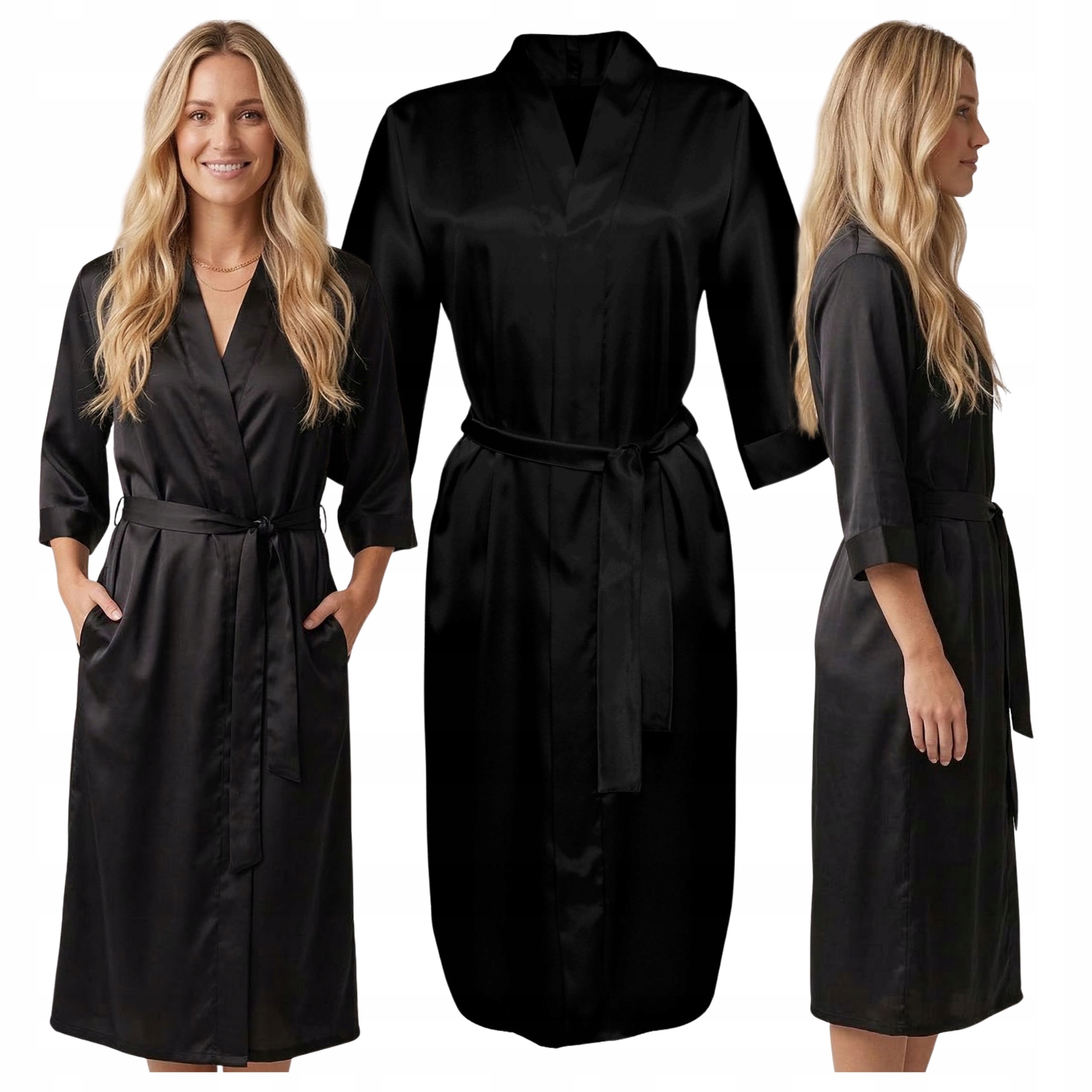 Župan Dámský saténový župan s dlouhým zavazováním v pase Kimono černá 2XL