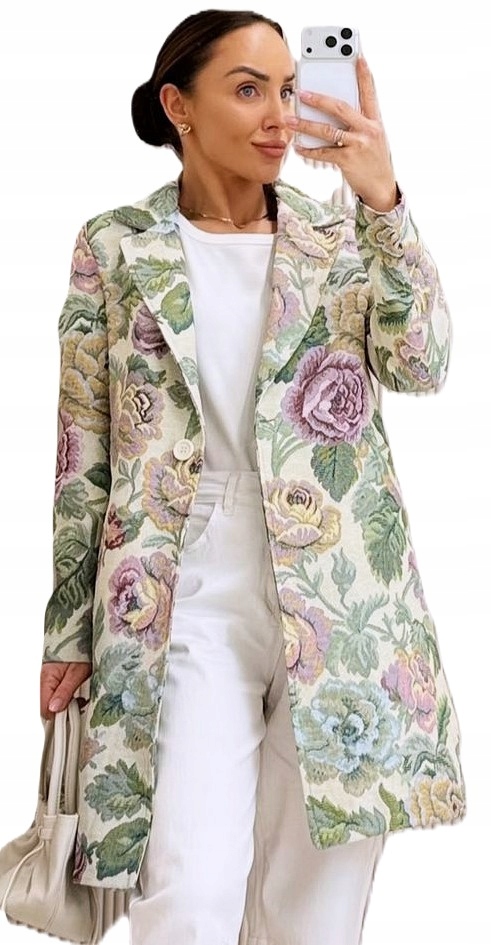 Włoski żakardowy płaszcz długa marynarka kwiaty