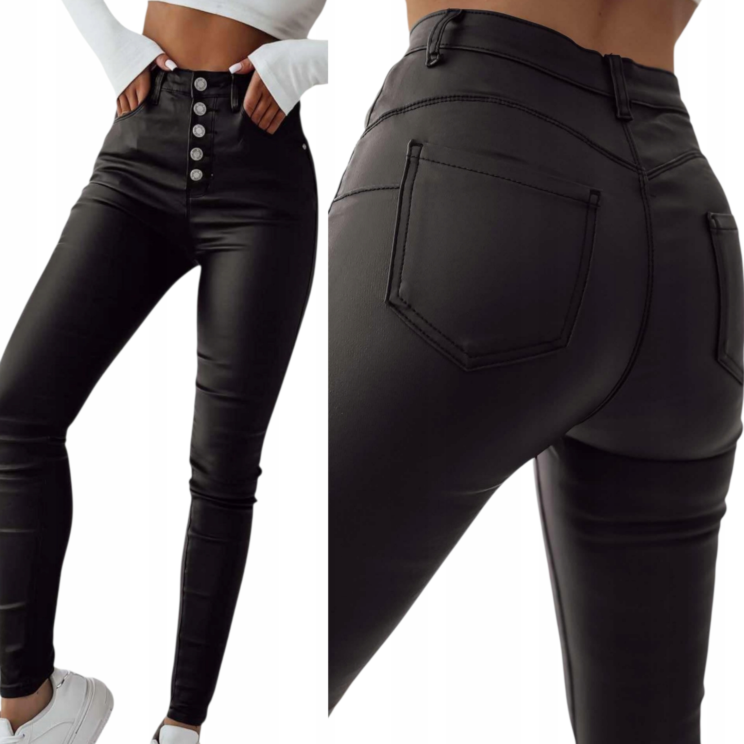 Spodnie damskie woskowane skórzane Push-up wysoki stan czarne S/36