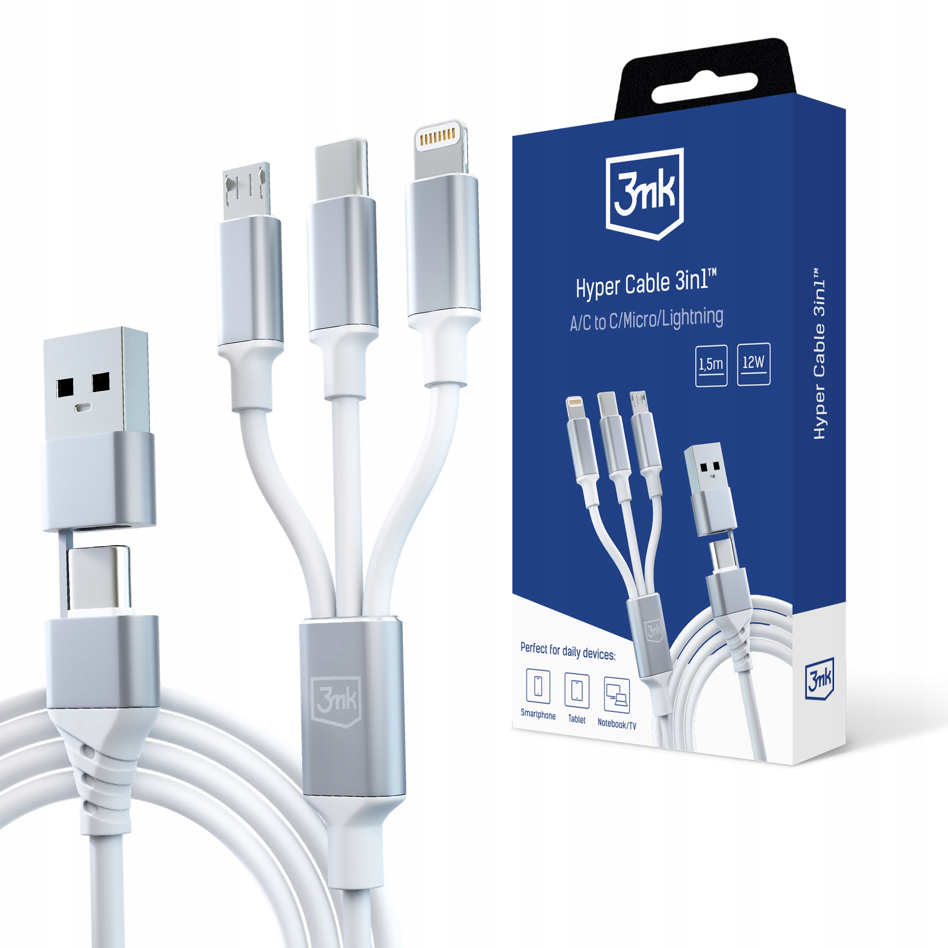 3mk Hyper 3in1 A/C do C/Micro/Lightning 1,5m Biały