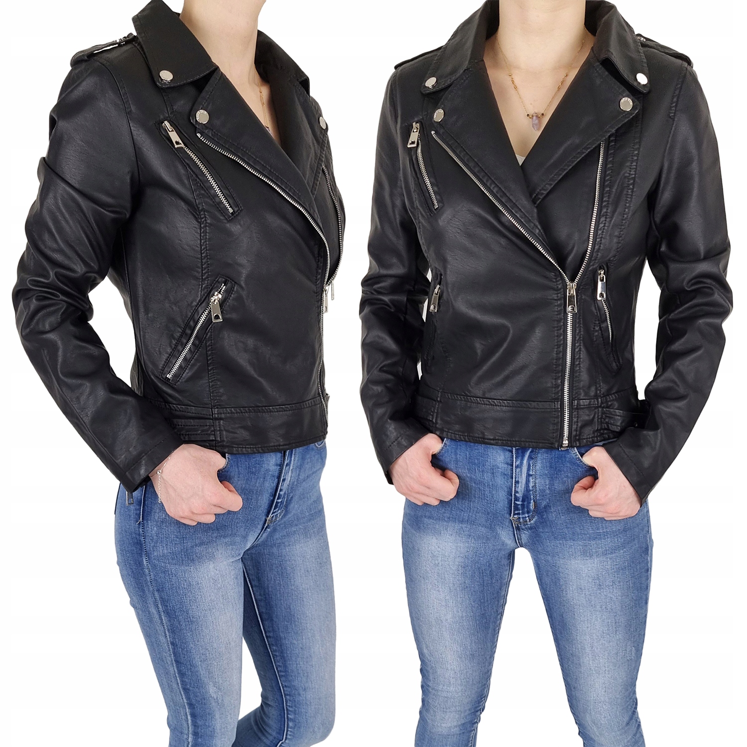 

Damska Kurtka Skóra Ramoneska Zamki Biker Black 10