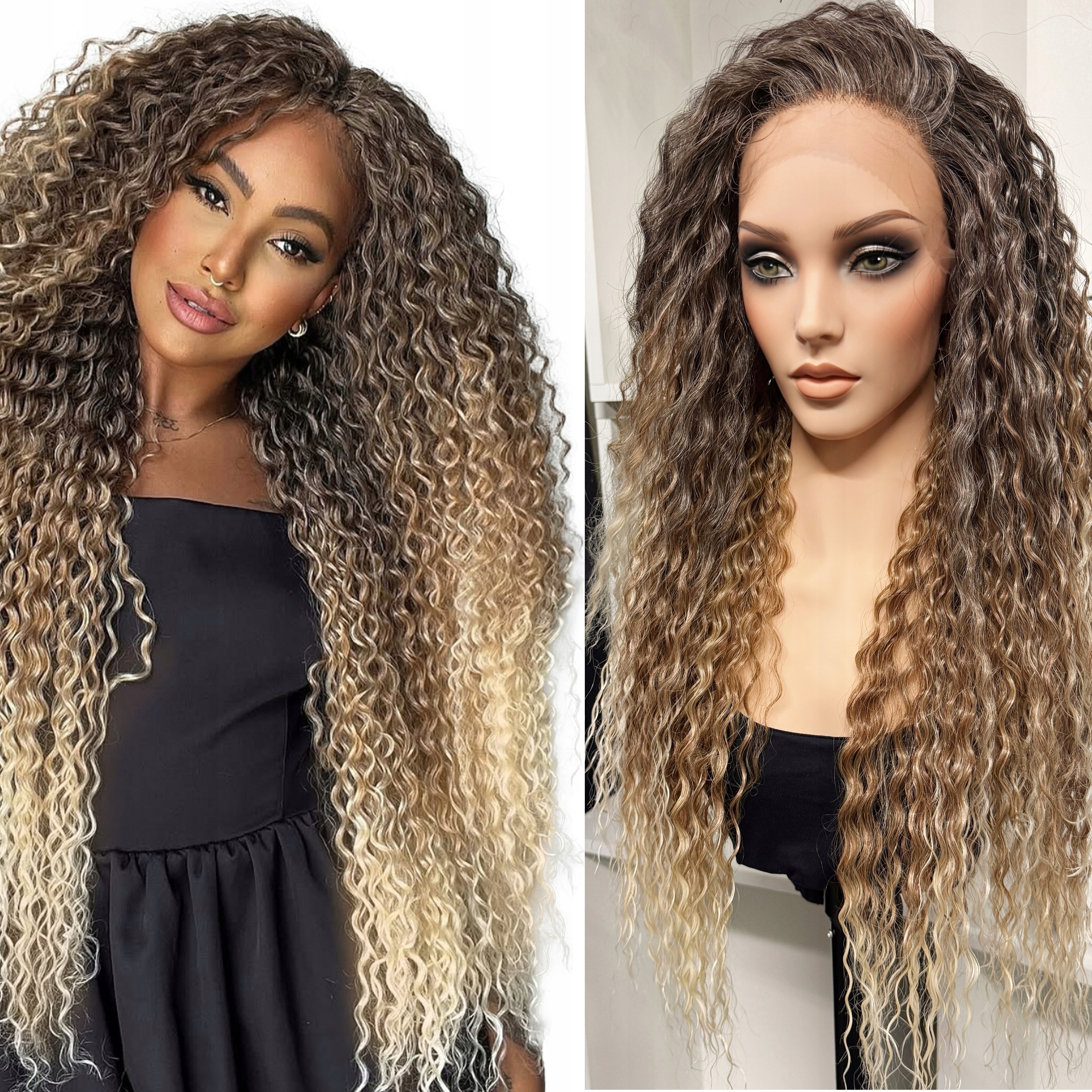 Peruka Afroloki sztuczne włosy Ombre Afro Spiralki Lace Front Hd