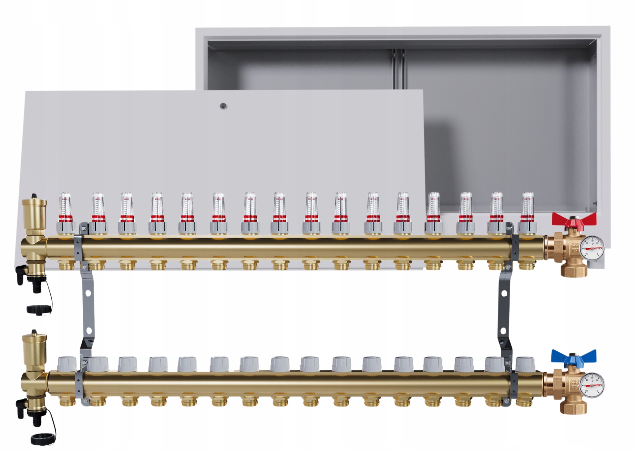 Rozdělovač Pro Podlahovou Krytinu 16 Okruhů Kulový Ventil Teploměr A Krabička