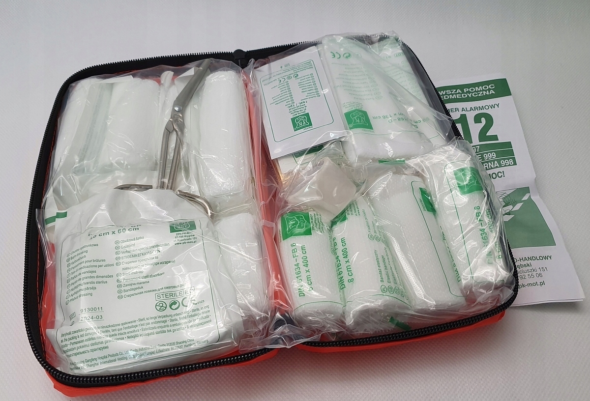 APTECZKA SAMOCHODOWA 41 elementów CAŁA EUROPA norma DIN13164:2022 +ustnik Klasa wyrobu medycznego I