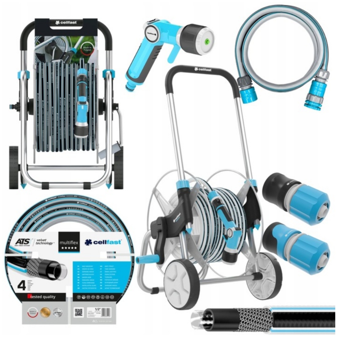 Cellfast Wąż Ogrodowy na Wózku Bęben Zwijacz Zestaw Zraszacz Mocny 1/2" 50M