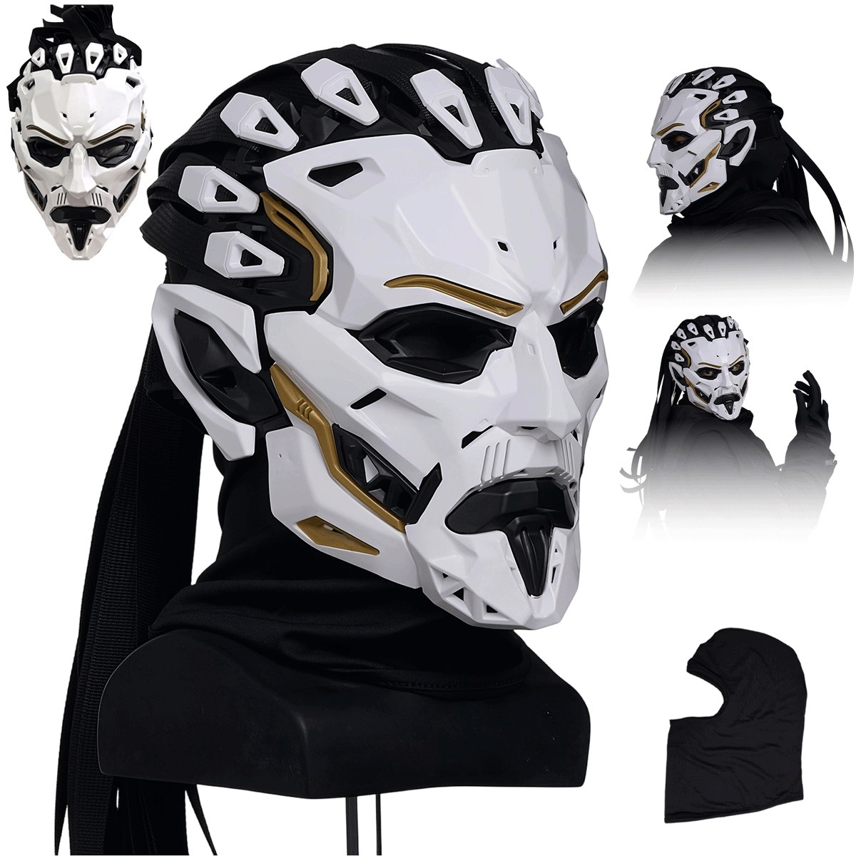 Kybernetická maska bílo-zlatá, celoobličejová, na cosplay, Halloween a focení
