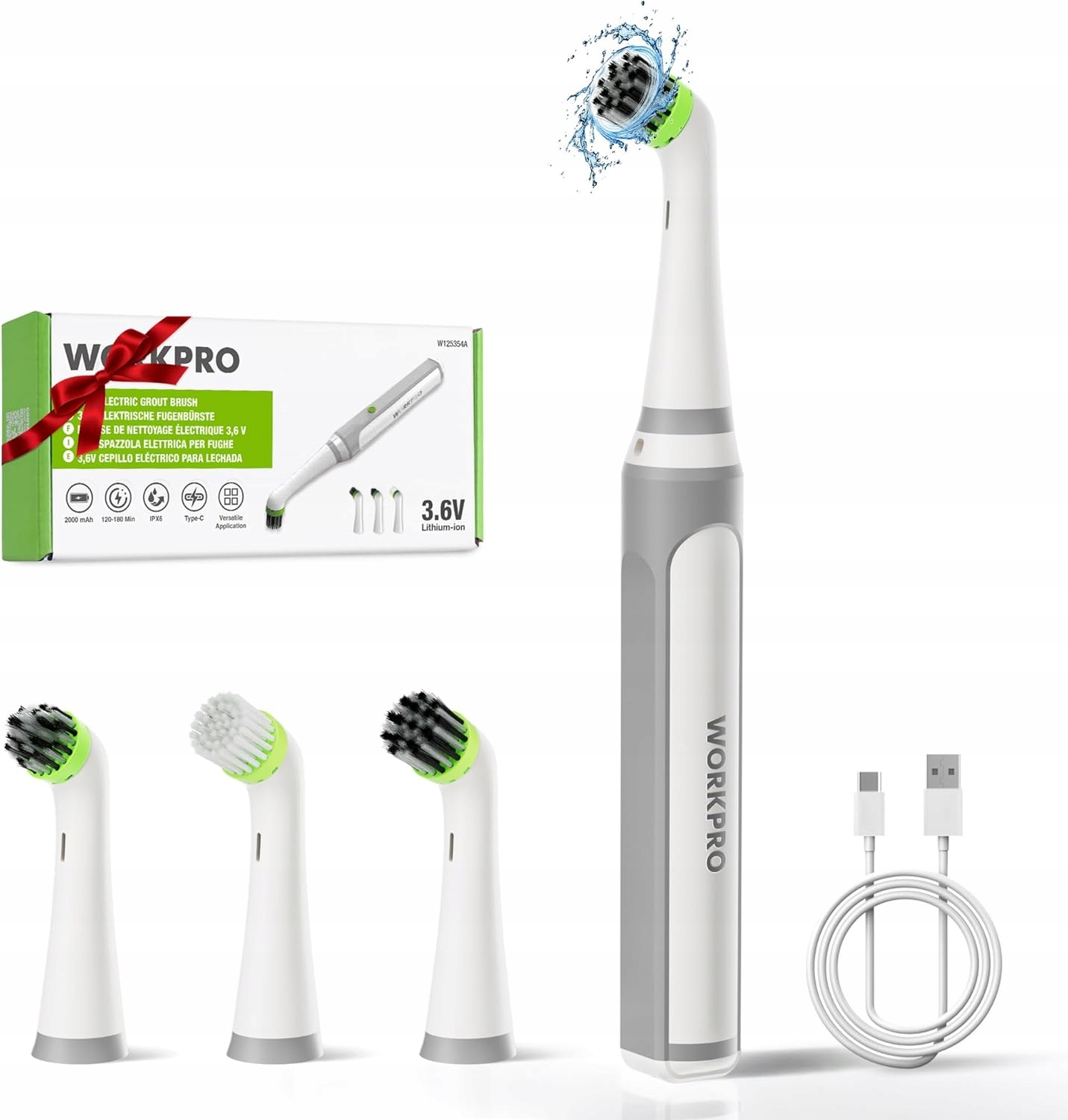 Workpro Elektrický Čisticí Kartáč 5500 Ot/min Usb-c 4 Hlavice