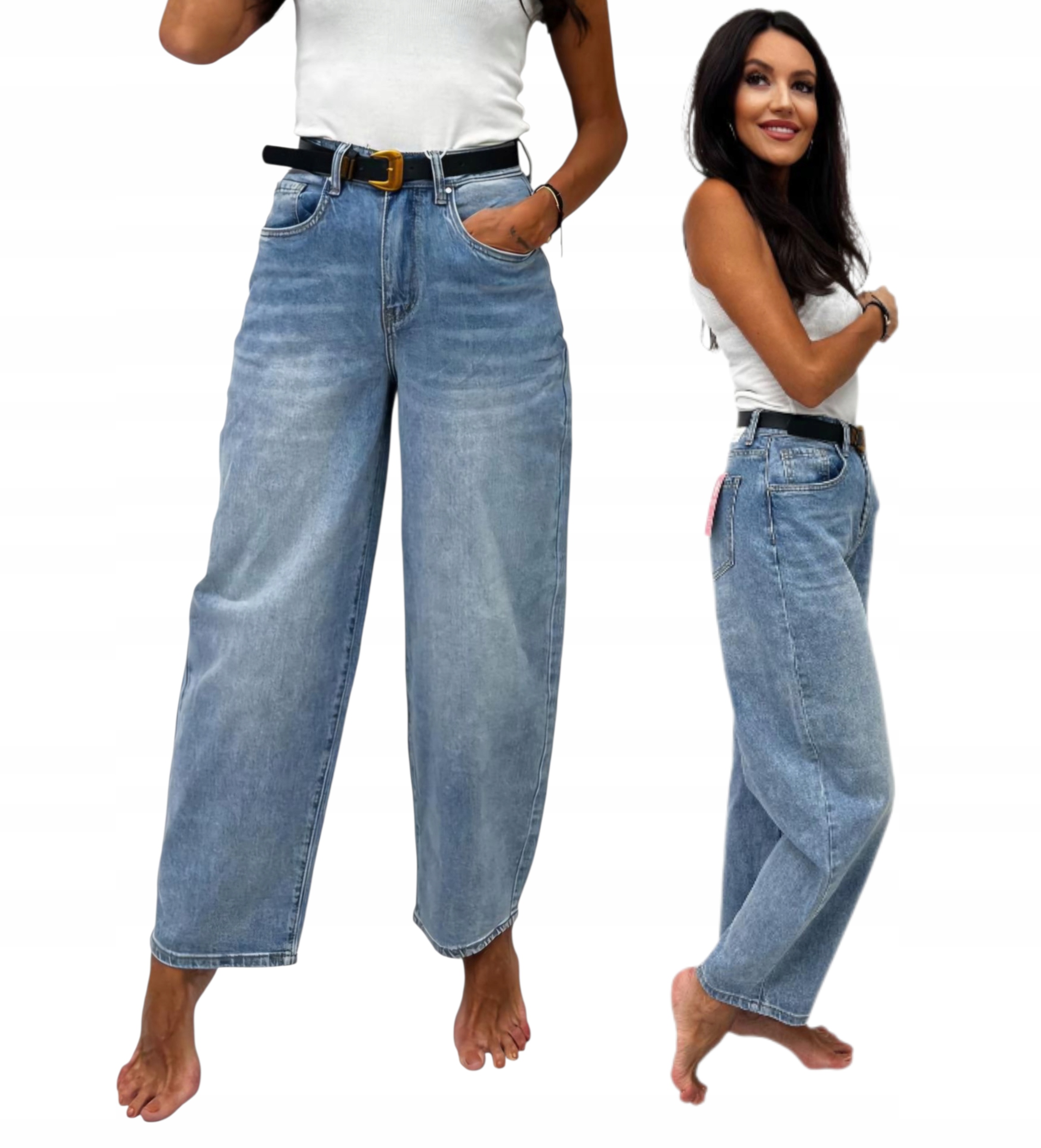 Módní Džínové Kalhoty S Páskem Typu Balloon, Modré, Volné