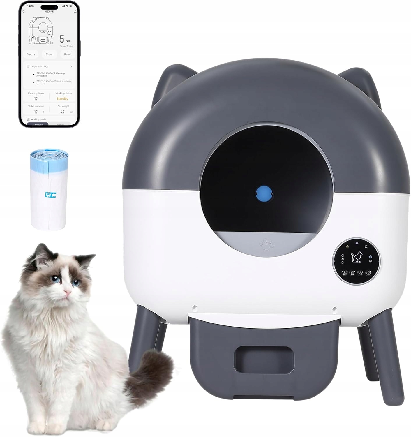 Levně Samočisticí toaleta pro kočky s Led osvětlením, objem 76 litrů, ovládání aplikací