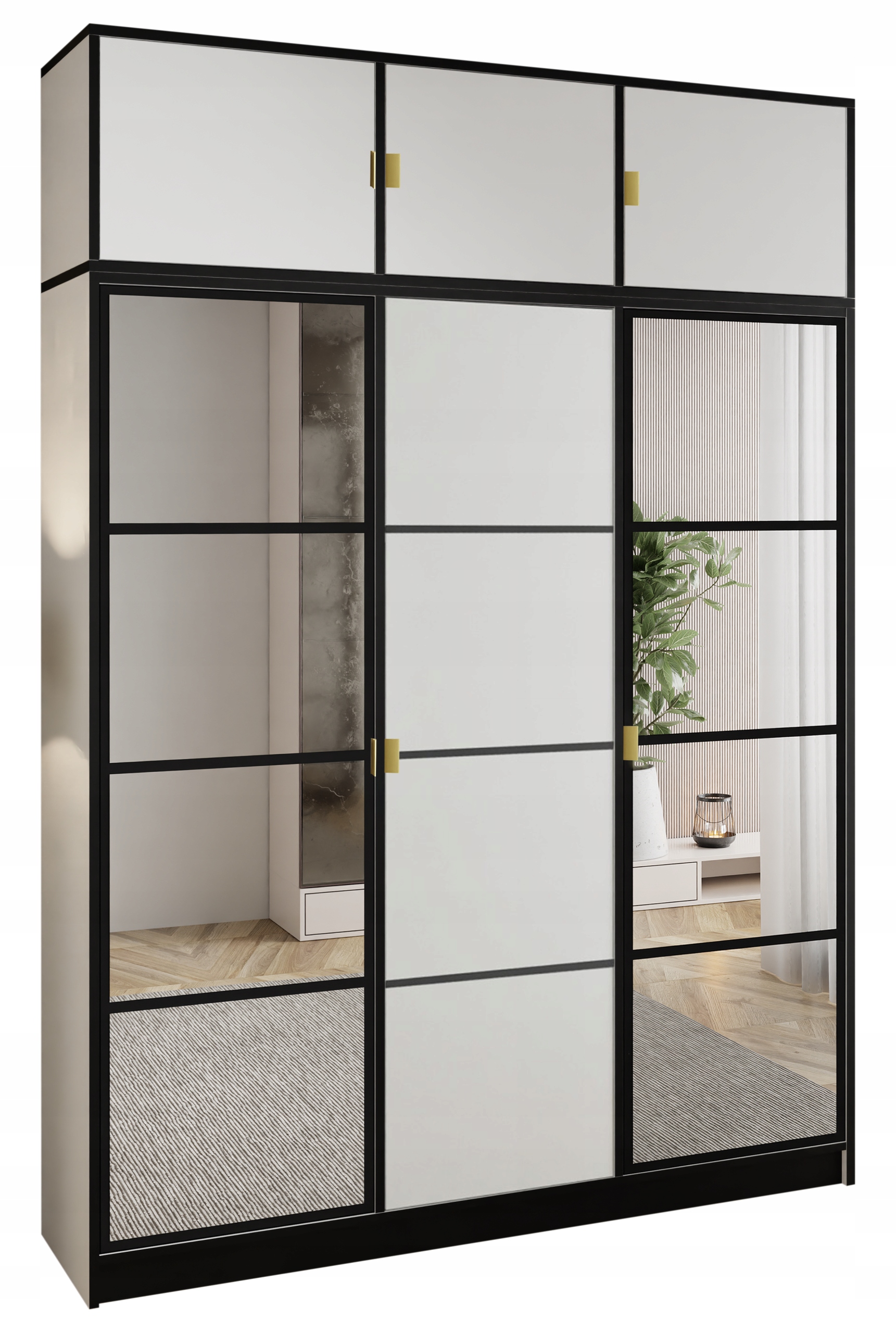 Skříň šatní Lumi 157 3D Bílá 2x zrcadlo eden Vzor 2 Úchyt zł. s nástavcem