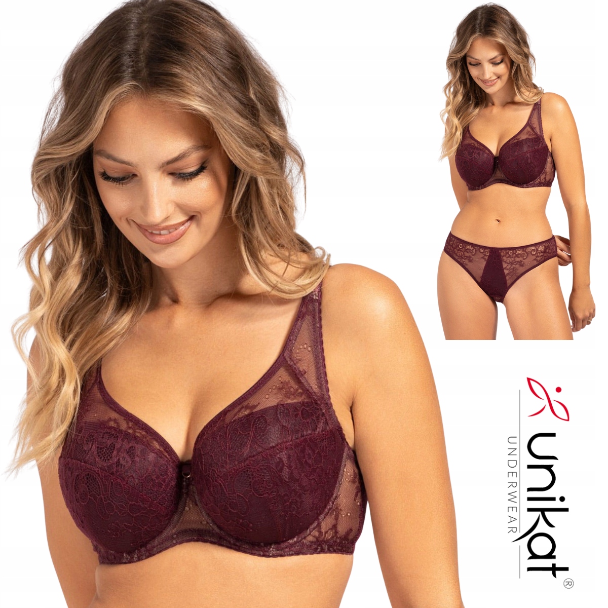 Vyztužená podprsenka s kosticemi typu full cup, krajka Unikat Caro bordová 95B