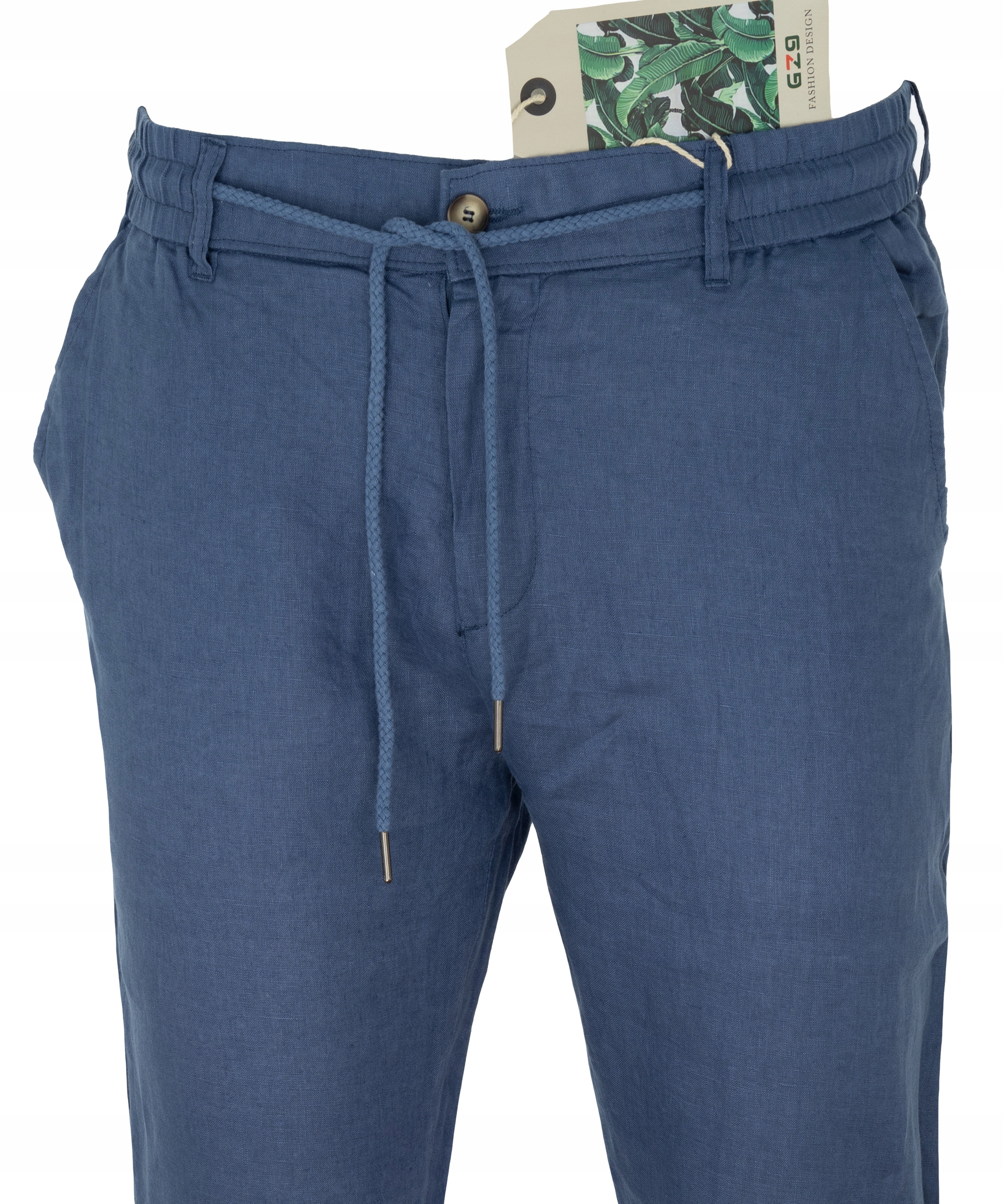 Spodnie męskie letnie len+bawełna na gumce-wiązane niebieskie W50