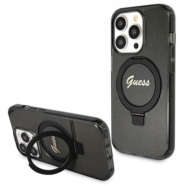 Pouzdro Guess Ring Stand Script Glitter MagSafe pro iPhone 13 Pro 13 černé