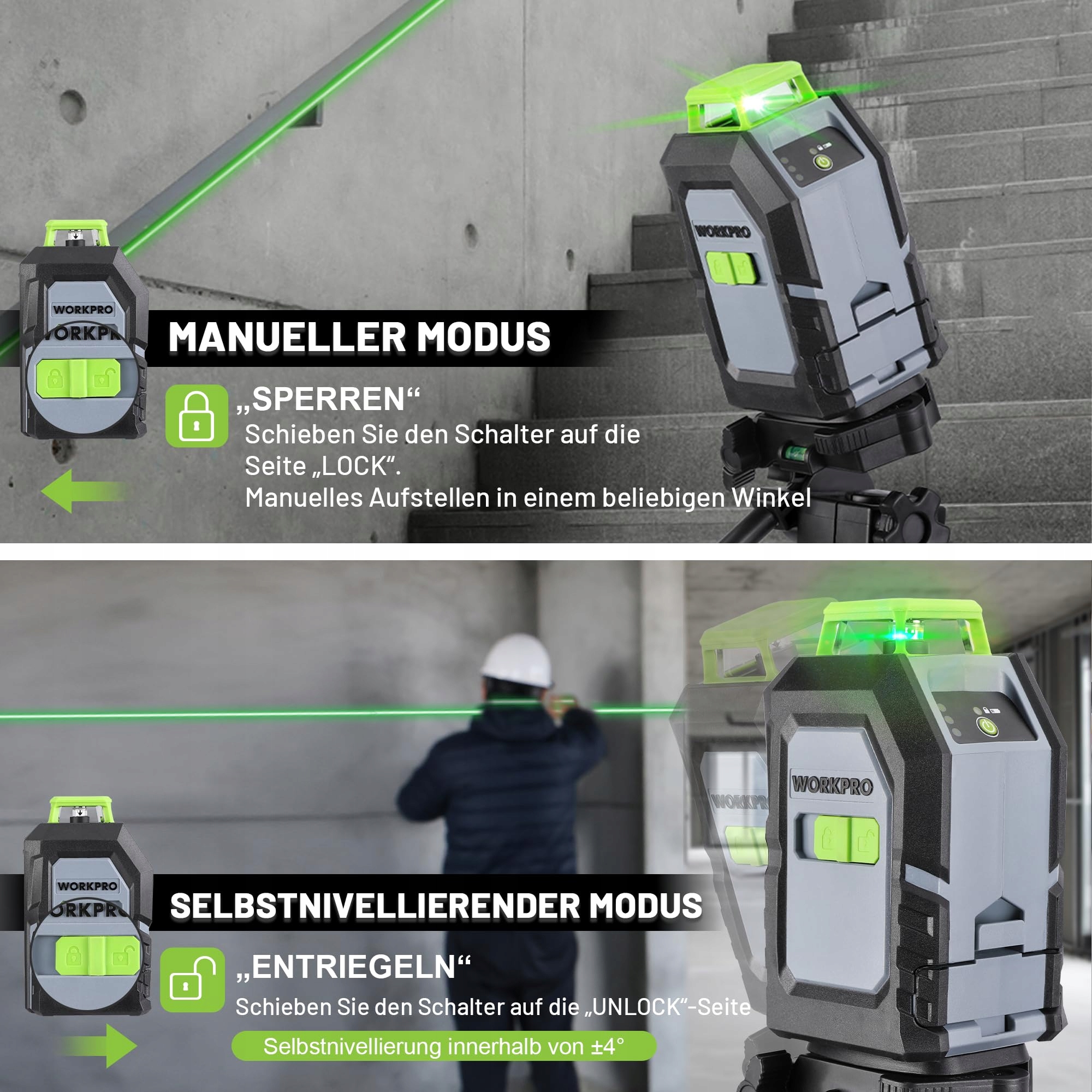 WORKPRO Laser Dalmierz 360 Zielony Krzyżowy 30m Poziomica — miniatura 4