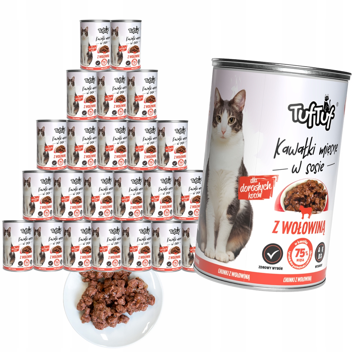 Levně Mokré Krmivo Pro Kočky TufTuf konzerva s masovými kousky a hovězím masem 24x415 g