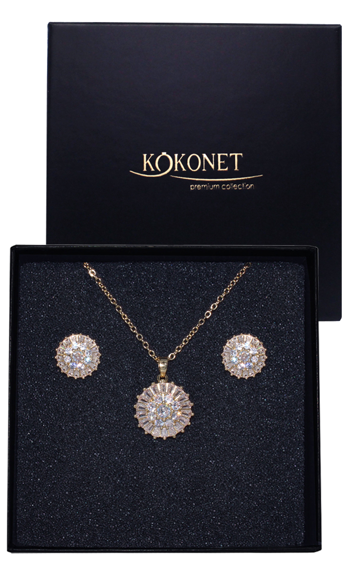 Komplet náušnice náhrdelník kulaté kruhy osázené zlatými zirkony Glam