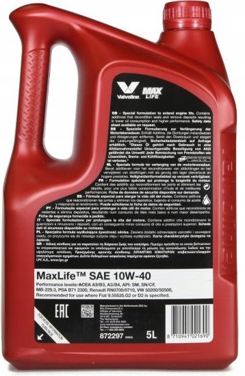 10w40 VALVOLINE OLEJ SILNIKOWY 10W 40 MAXLIFE 5L Producent code 872297
