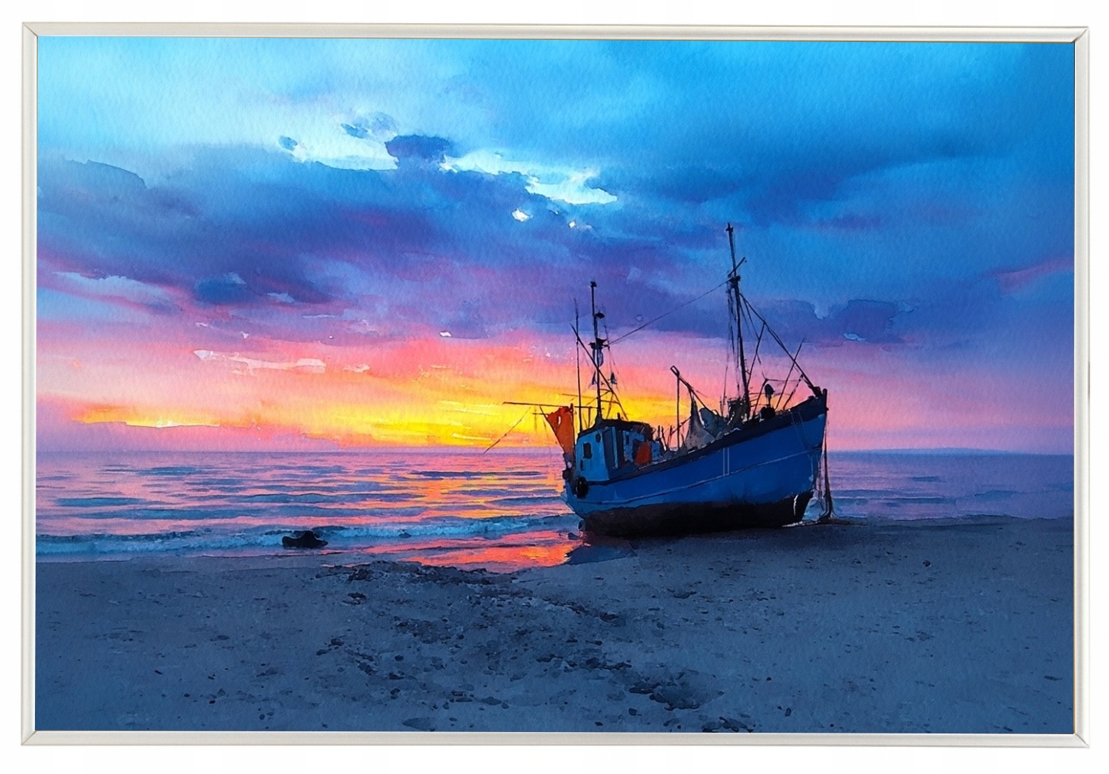 Plakát Rámeček Aluminium Krajina Moře Pláž Loď Kuter Slunce Západ 60x40