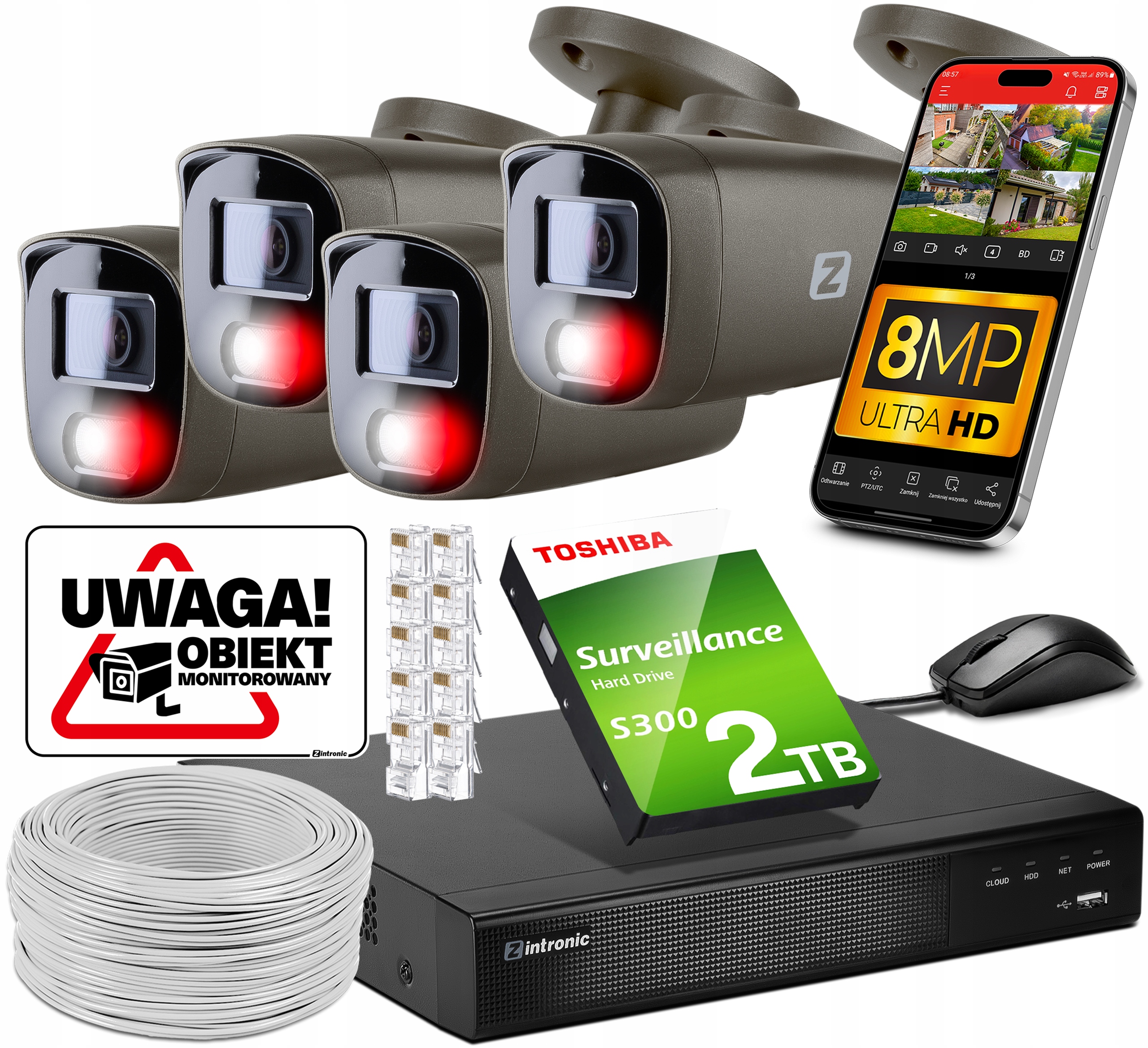 Zestaw Monitoring 4 kamery Poe 4K Ultra Hd 8Mpx Szary 2TB