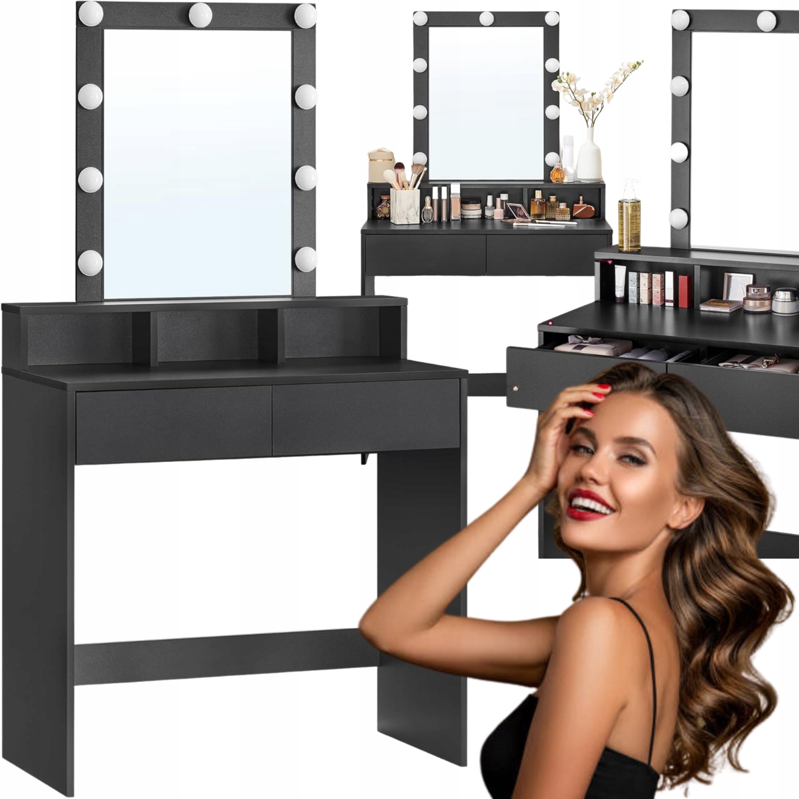 Toaletka Čierna Kozmetická so Zrkadlom Žiarovkami Písací stôl Komoda na kozmetiku