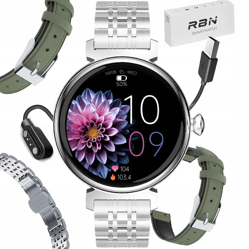 Zegarek damski Smartwatch Rubicon Amoled Połączenia Puls zielony pasek