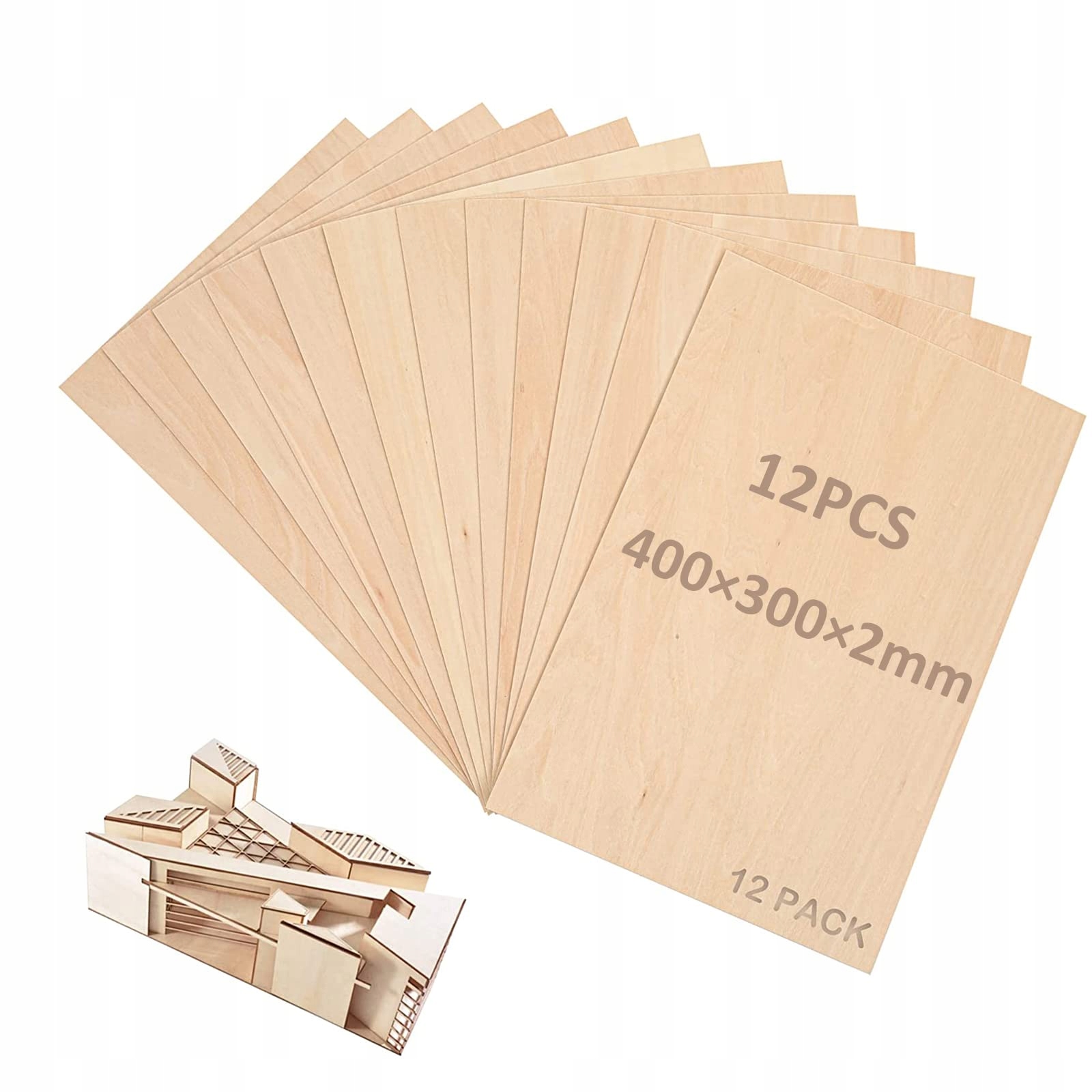 Sada 12 listů desek z přírodního dřeva 400 × 300 × 2 mm.