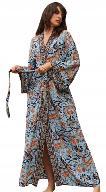 Tenký Dlouhý Župan Na Léto, Volné Kimono, Boho, Modrý Župan