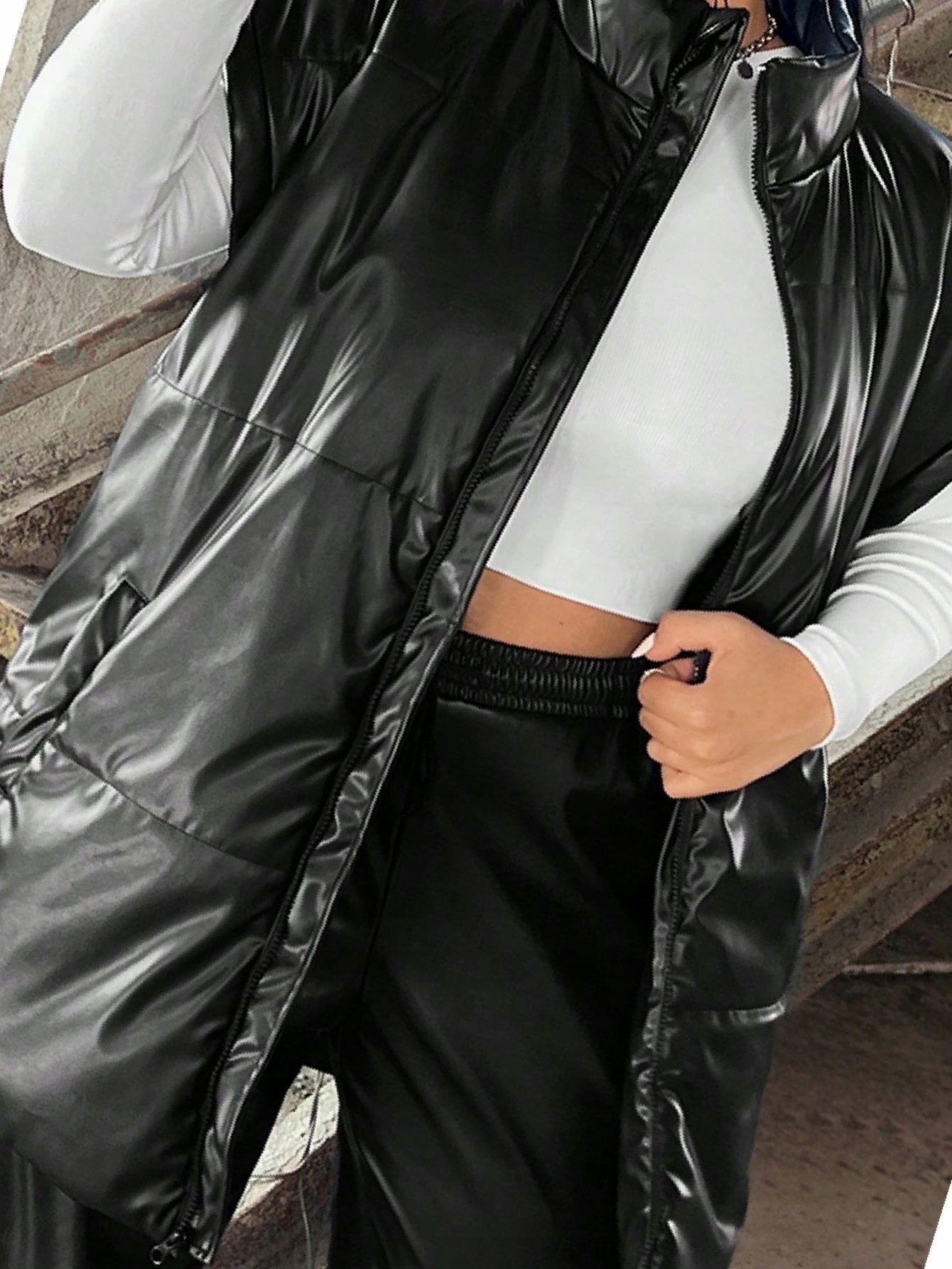 Dámská kožená vesta Černá Imitace kůže Vatovaná prošívaná 5XL