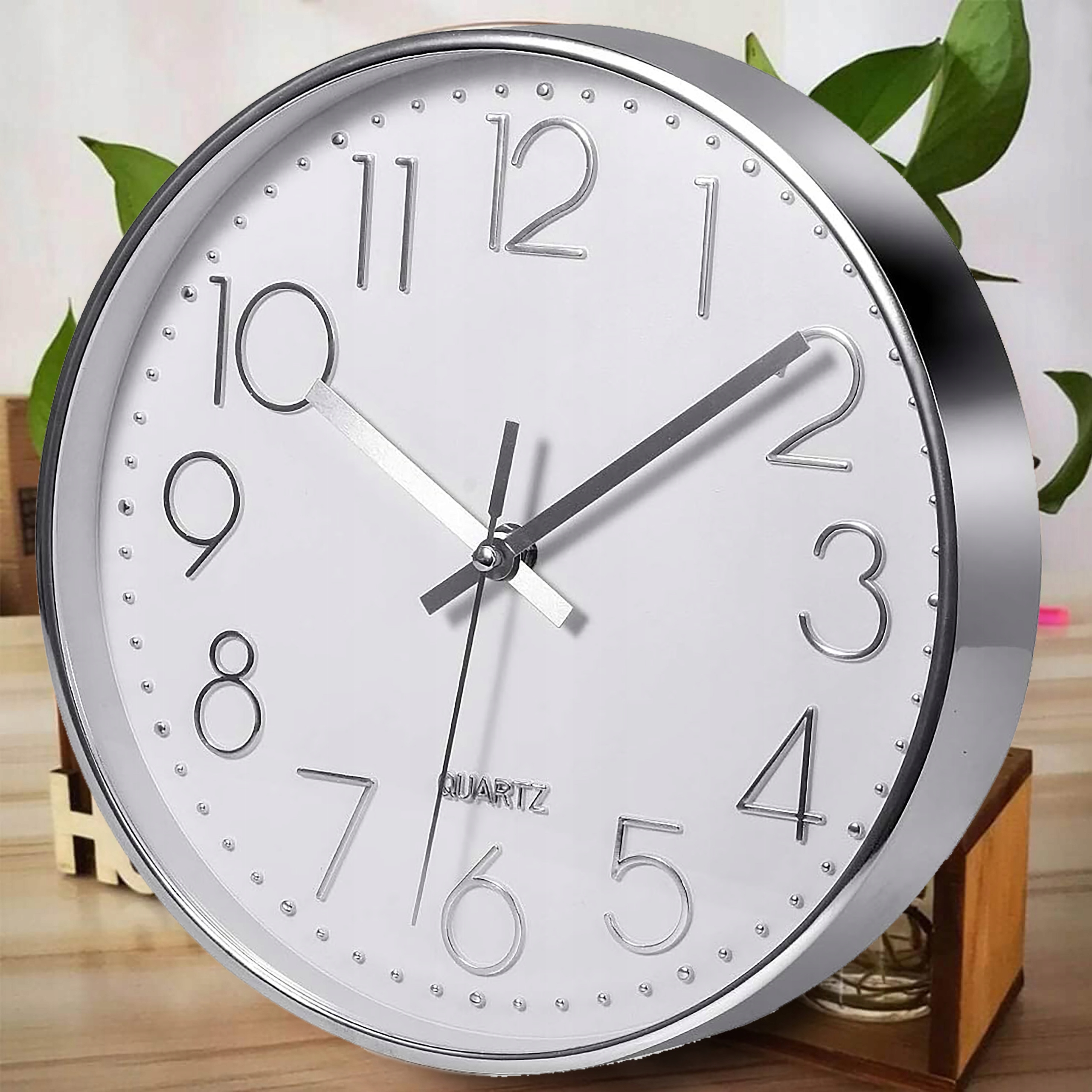 ZEGAR ŚCIENNY DUŻY OKRĄGŁY BEZGŁOŚNY SREBRNY CZYTELNY 30 cm NA ŚCIANĘ Zawiera baterie nie