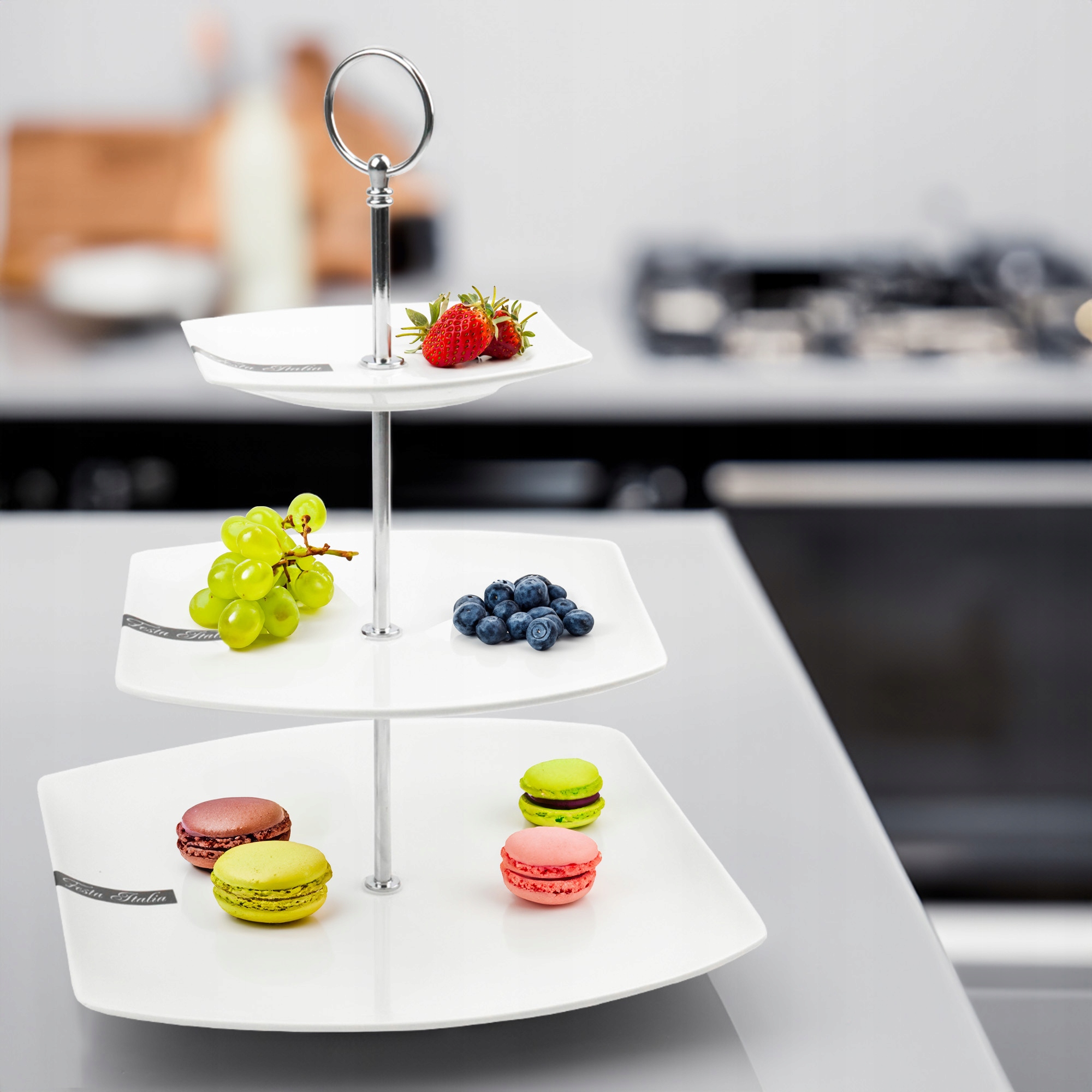 PATERA PORCELANOWA PIĘTROWA BIAŁA NOWOCZESNA NA CIASTO OWOCE 3-POZIOMOWA