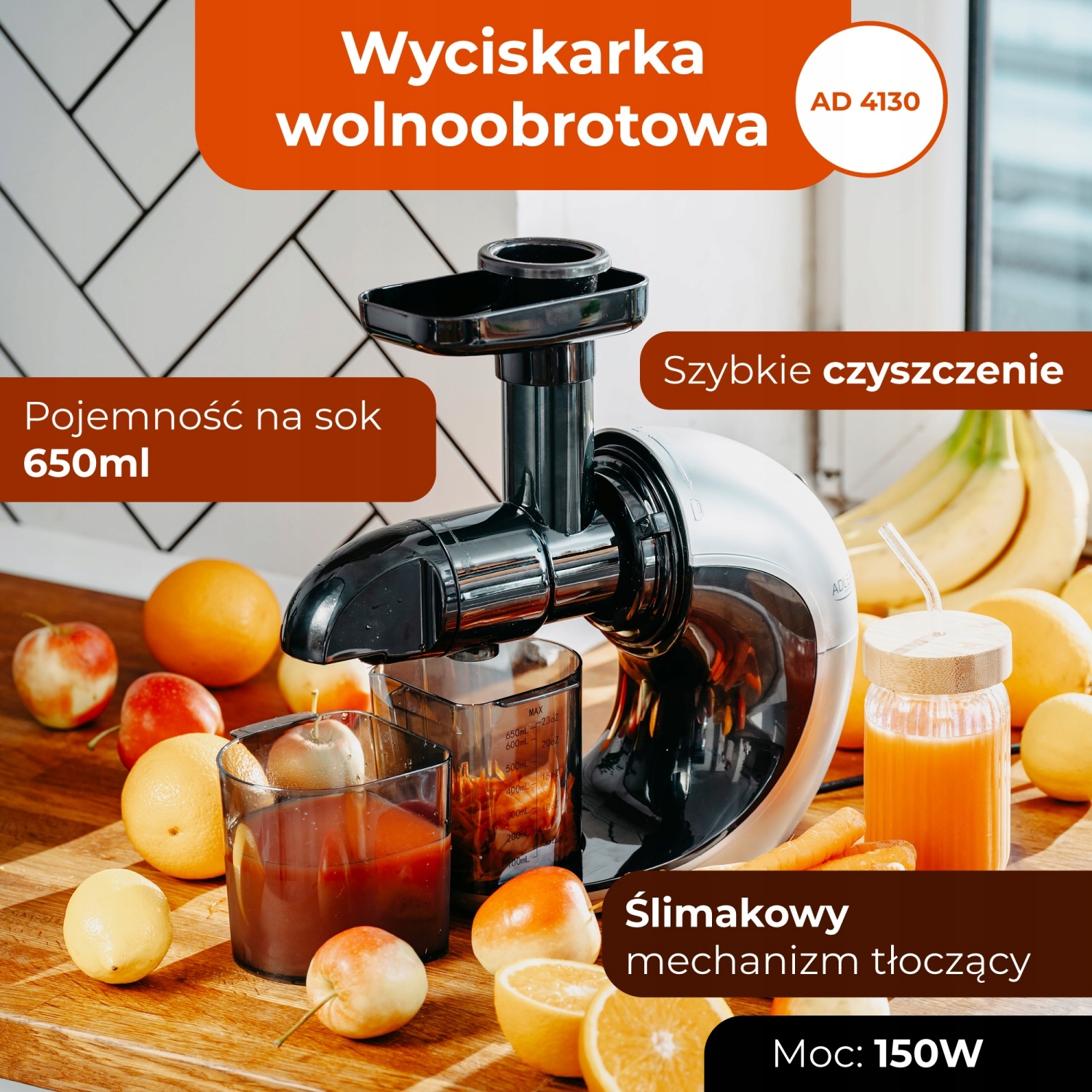 Wyciskarka Wolnoobrotowa Adler AD 4130 - Cicha, Wydajna, Ślimakowa